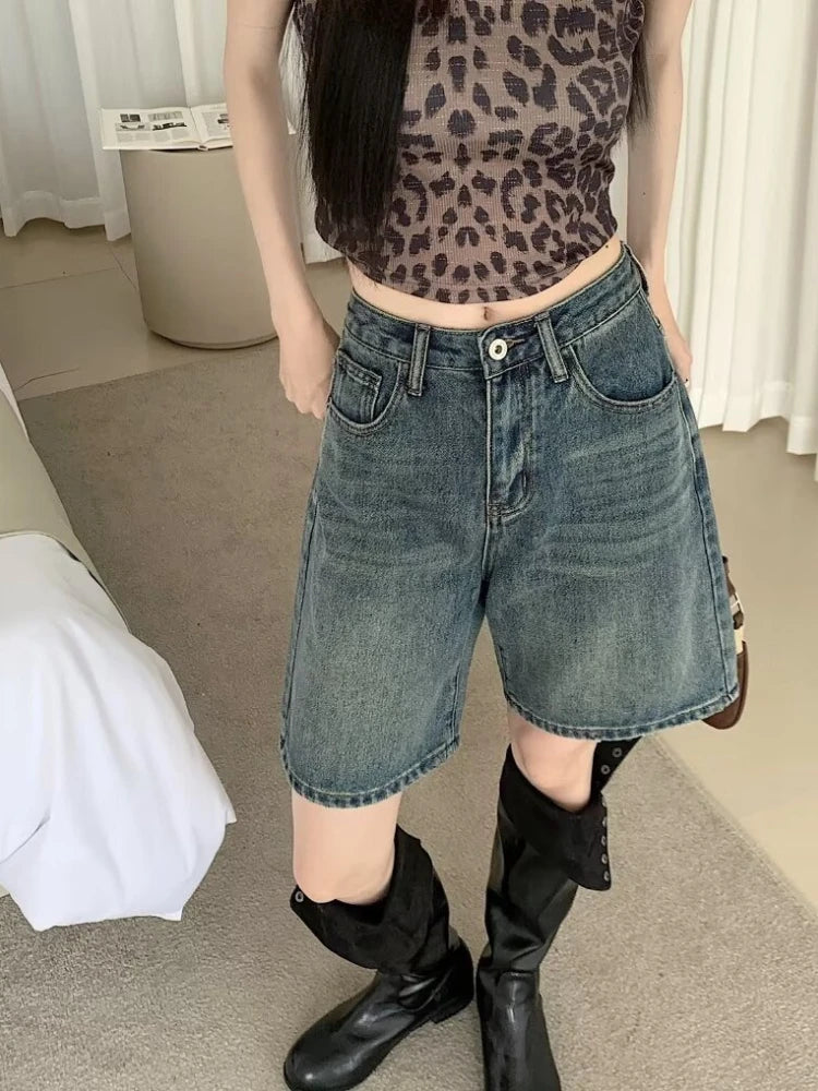 Summer High Waist Retro Jean Shorts for Women Loose Straight Denim Fashion Versatile Leisure Shorts Women's 2026