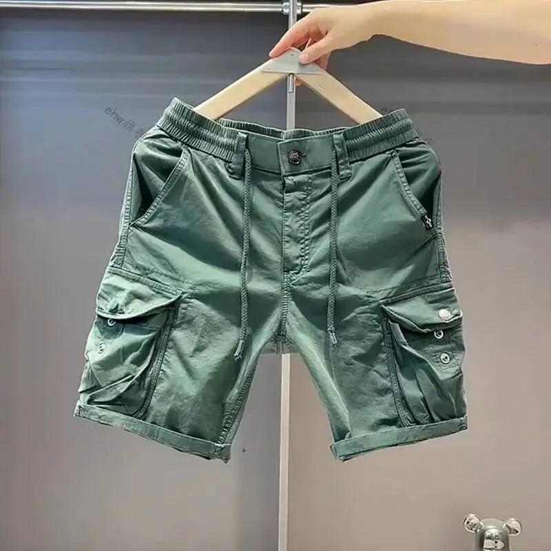 Summer Men's Drawstring Elastic Waist Cargo Shorts Casual Multi-Pocket Loose Elastic Cotton Five-Point Mid-Length Short Pants
