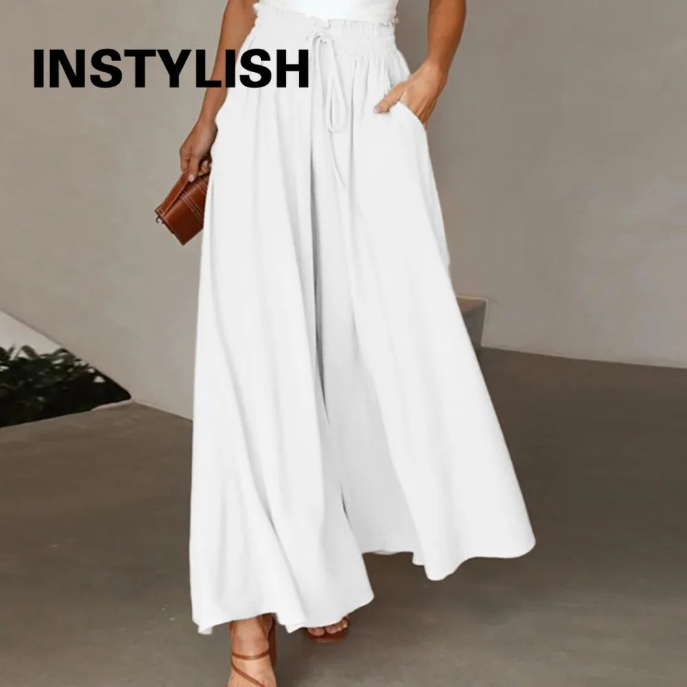 Women Casual Elastic Waist Wide Leg Pants Summer Elegant Drawstring Loose Straight Trouser Elegant Solid Pants Vacation Beach