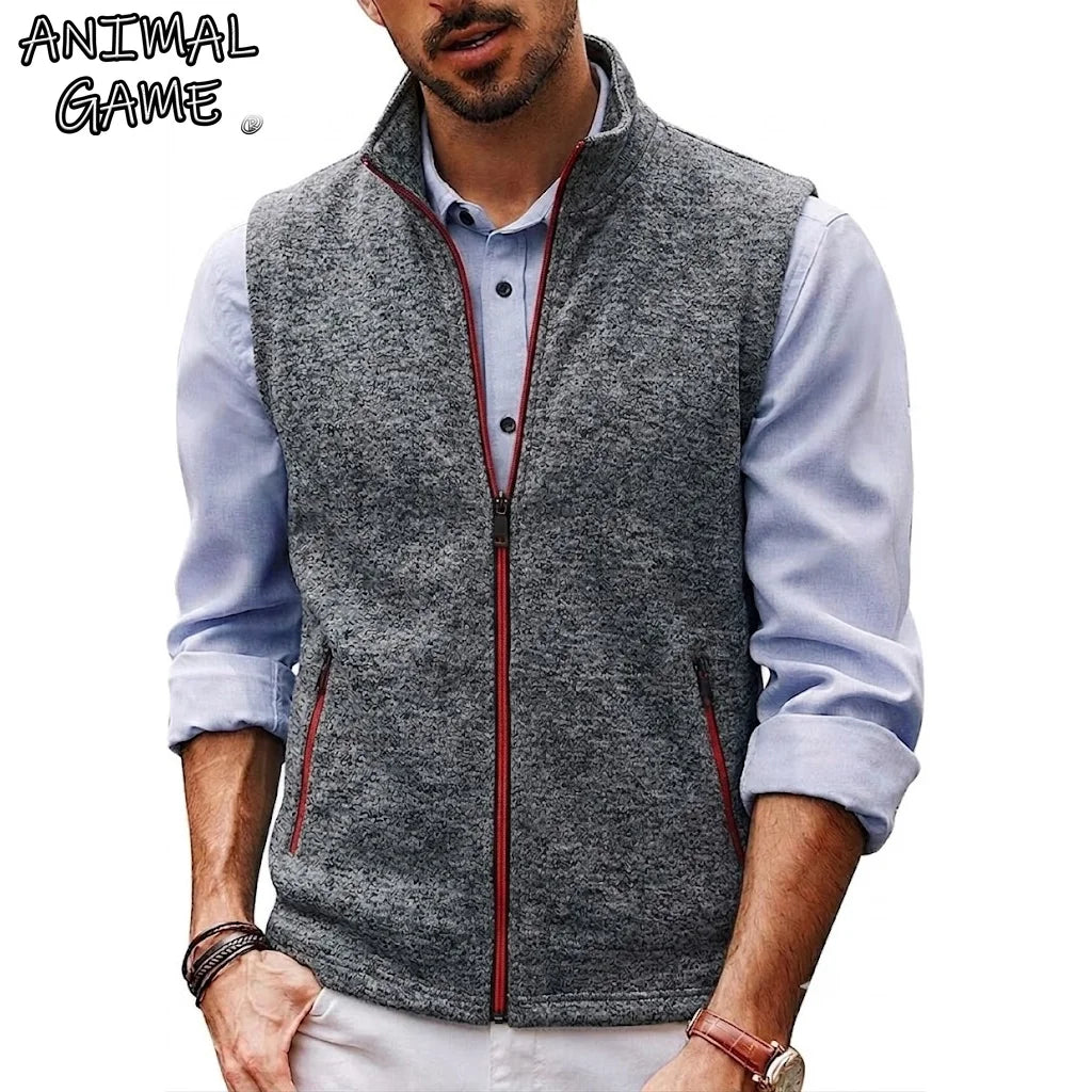 Autumn Men's Stand Collar Vest Zip Casual Knitted Sweatshirts Sleeveless Jacket Winter Warm Outerwear with Pockets Streetwear