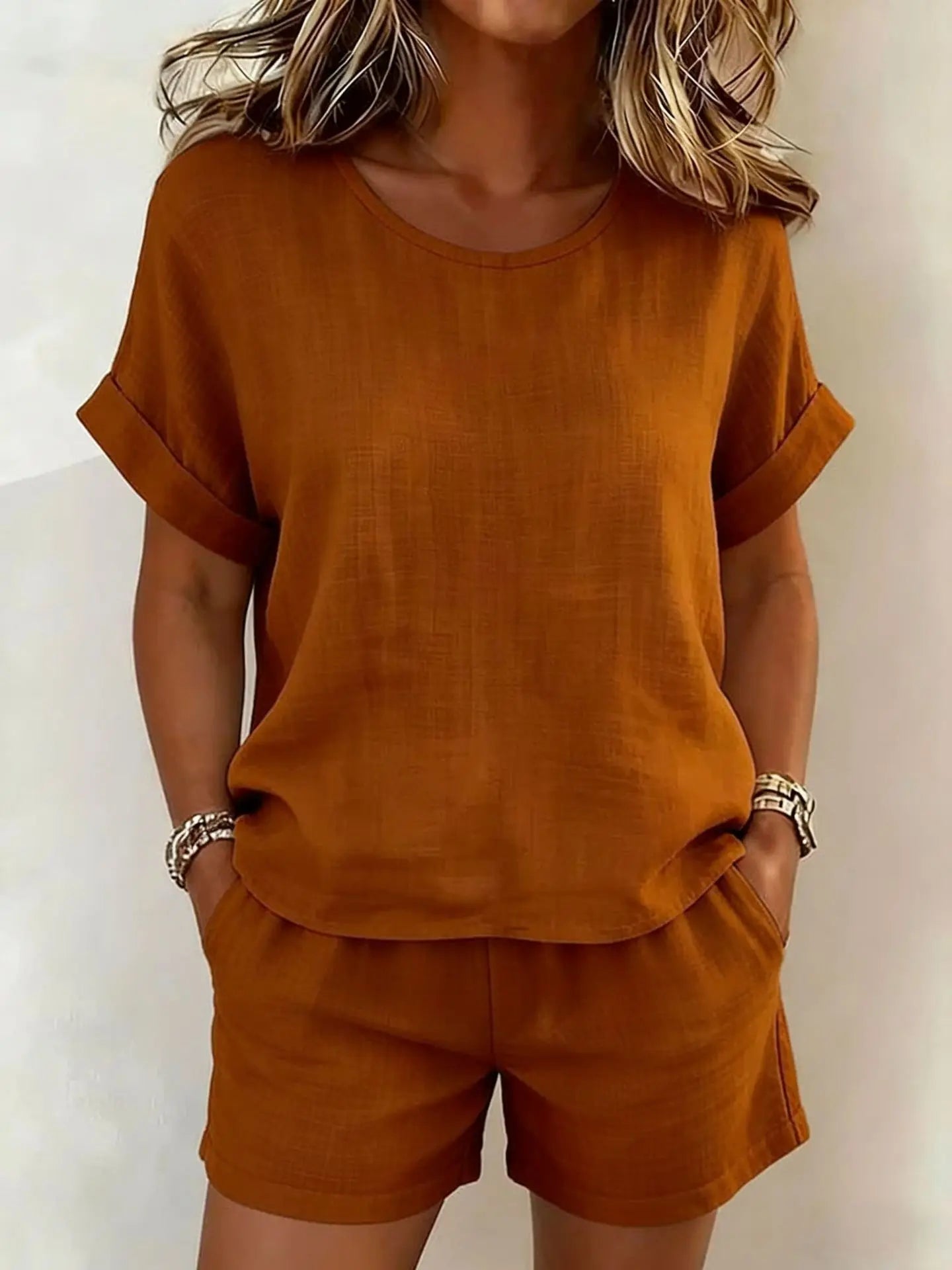 2026 Summer New Women's Solid Color Casual Crew Neck Short Sleeve Top & Shorts 2-Piece Outfit Set
