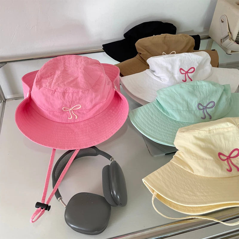 Korean Pink Bow Quick Dry Fisherman Hat Windproof Rope Women Outdoor Camping Mountaineering Hats Girl Summer Sunscreen Bowl Cap