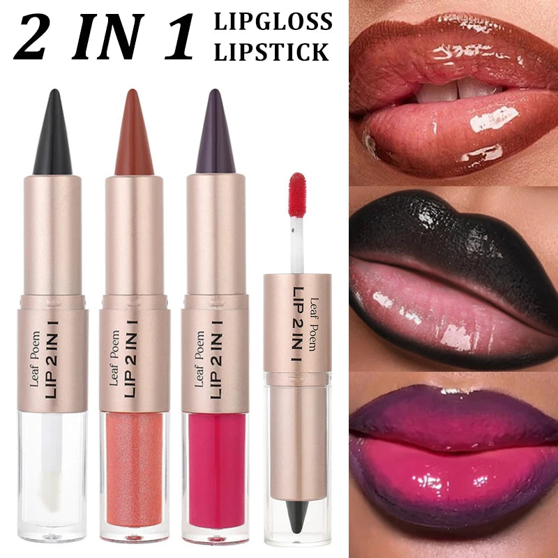 2IN1 Tapered Gradient Lipliner Pen Waterproof Black Brown Lip Liner Contour Pencil Makeup Double Head Mirror Glass Lip Gloss