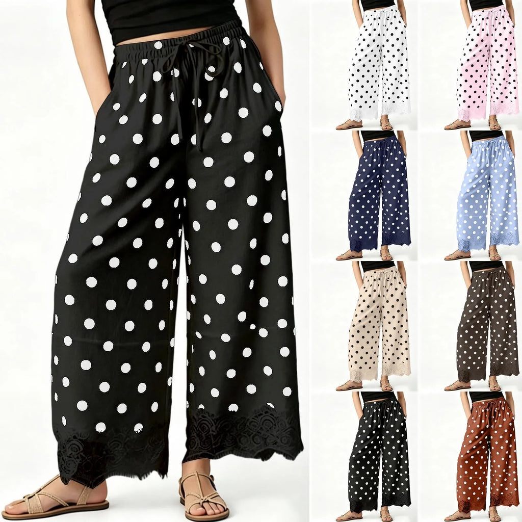 Vintage Polka Dot Women's Pants Lace Hem Loose Wide Leg Pants Drawstring Elastic Waist Side Pocket Baggy Trousers Pantalones