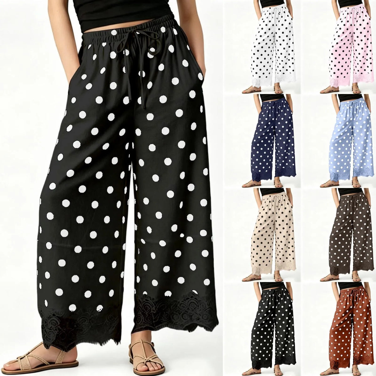 Vintage Polka Dot Women's Pants Lace Hem Loose Wide Leg Pants Drawstring Elastic Waist Side Pocket Baggy Trousers Pantalones