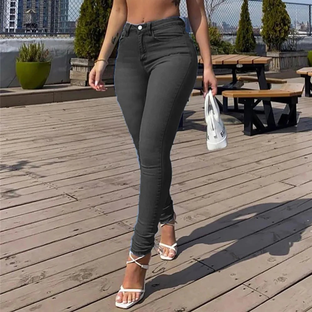 S-3XL Stretch Skinny Denim Women's Jeans Mid Waist Pants Blue Retro Washed Elastic Slim Pencil Trousers