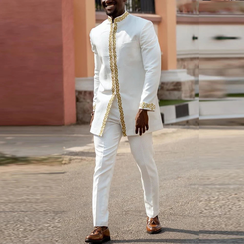 2024 Luxury Men's Suit Set Kaunda Suit Tuxedo Outfits Pocket Top Pants African Ethnic Wedding Gentleman 2pcs Sets Suit Outfits