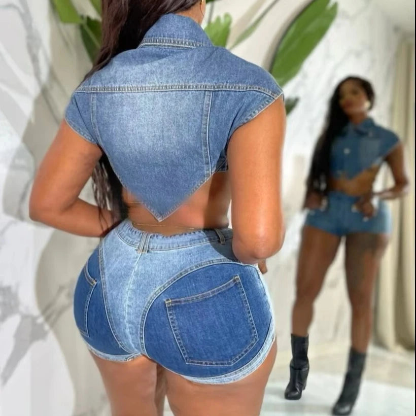 Two Piece Sets Women Denim Outfits Shorts Top Single Breasted Stretch Matching Sets 2025 Y2k Streetwear Sexy Short Pants Suit