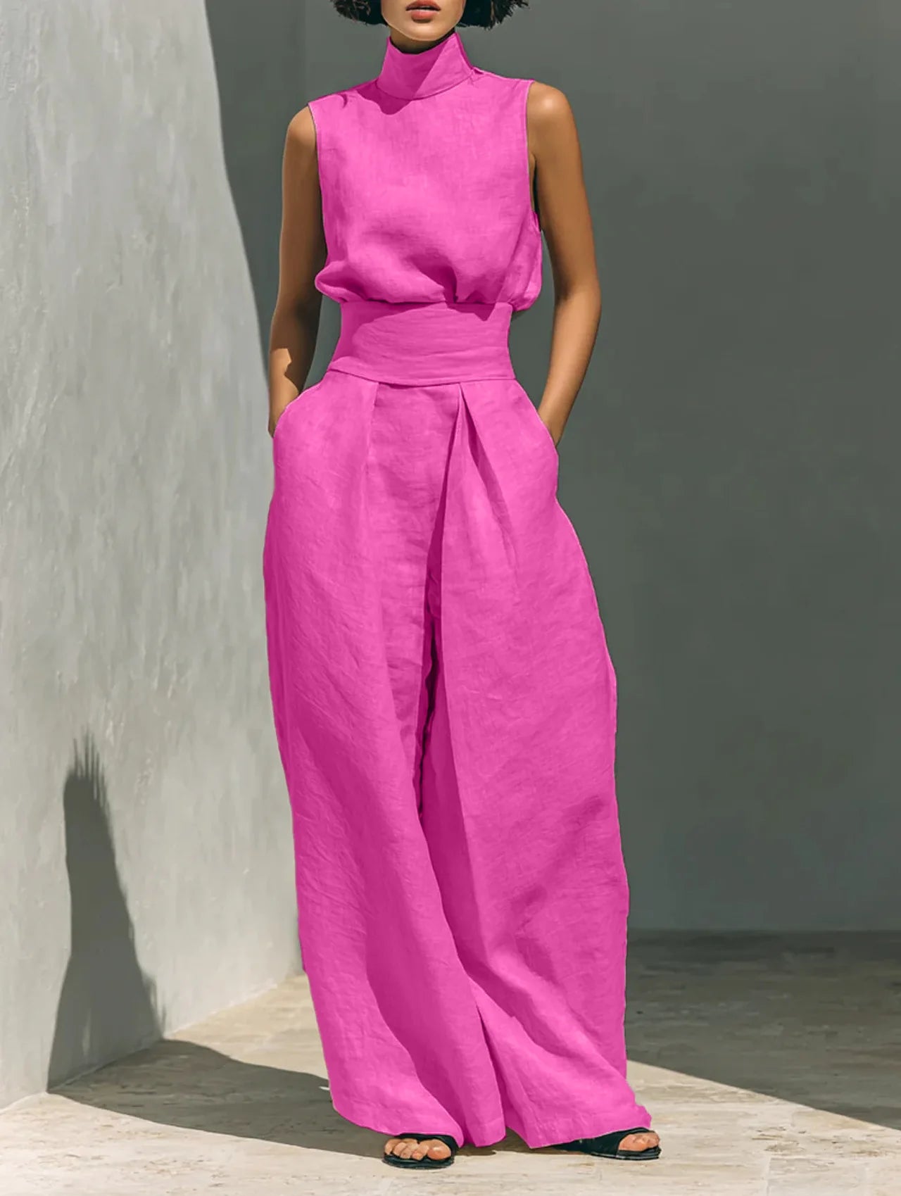 New Women's Solid Color 2 Piece Sets Sleeveless High Neck Tops+High Waist Wide Leg Pants Casual Minimalist Female Summer Outfits