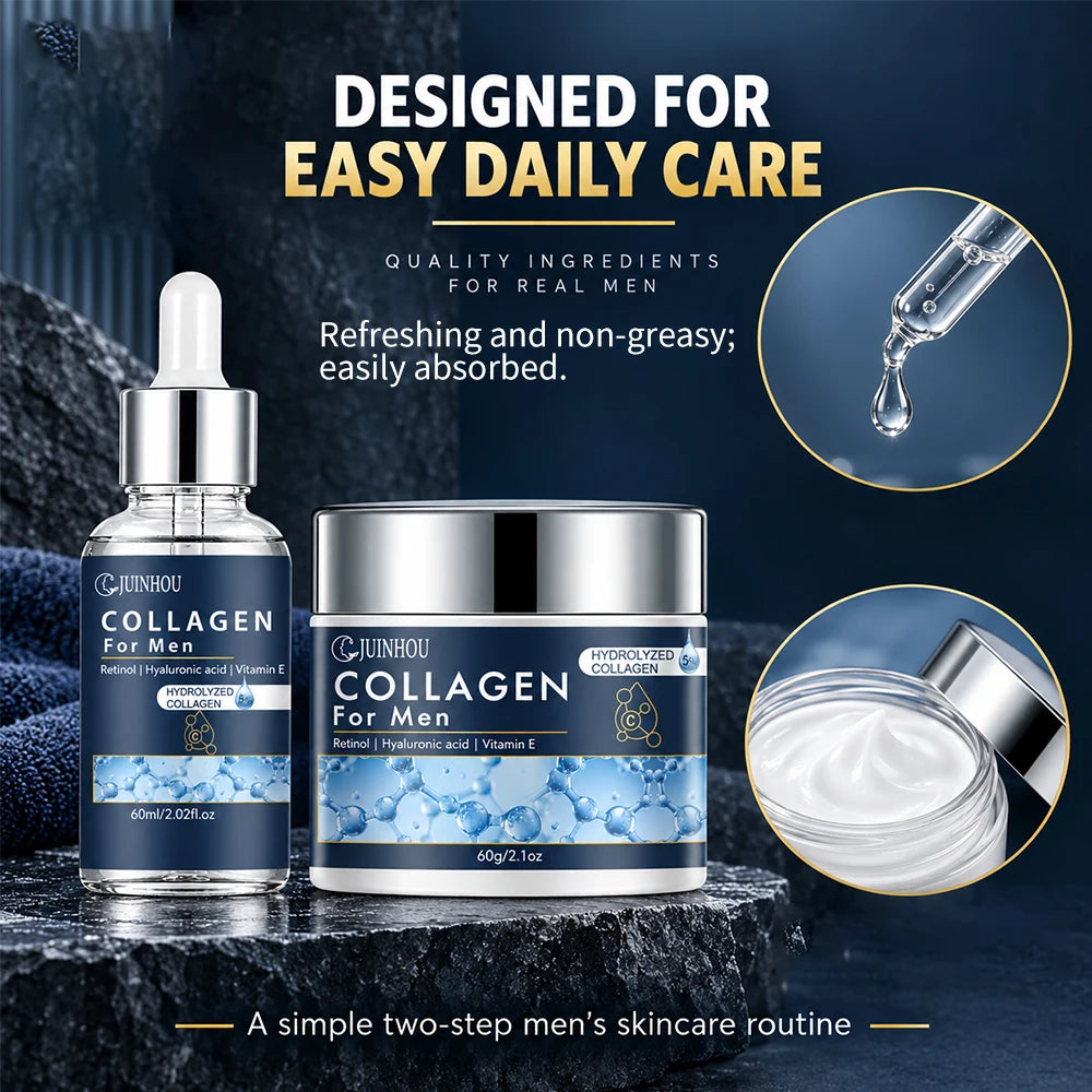 JUINHOU Men Facial Hydration Cream Serum Set Collagen Moisturizing Anti Aging Oil Control Firming Refreshing Non-Greasy Skincare
