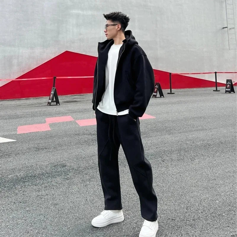 Men's Autumn Winter Hooded Open Cardigan Double Zipper Fleece Long Pants Sport Casual Two-Piece Set Versatile Polyester Fiber