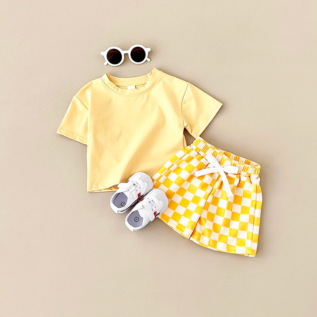 2PCS Kids Clothes Baby Boys Girls Solid Color Short Sleeve T-shirt Plaid Pattern Shorts Sets Baby Clothing Sets 0-3Y
