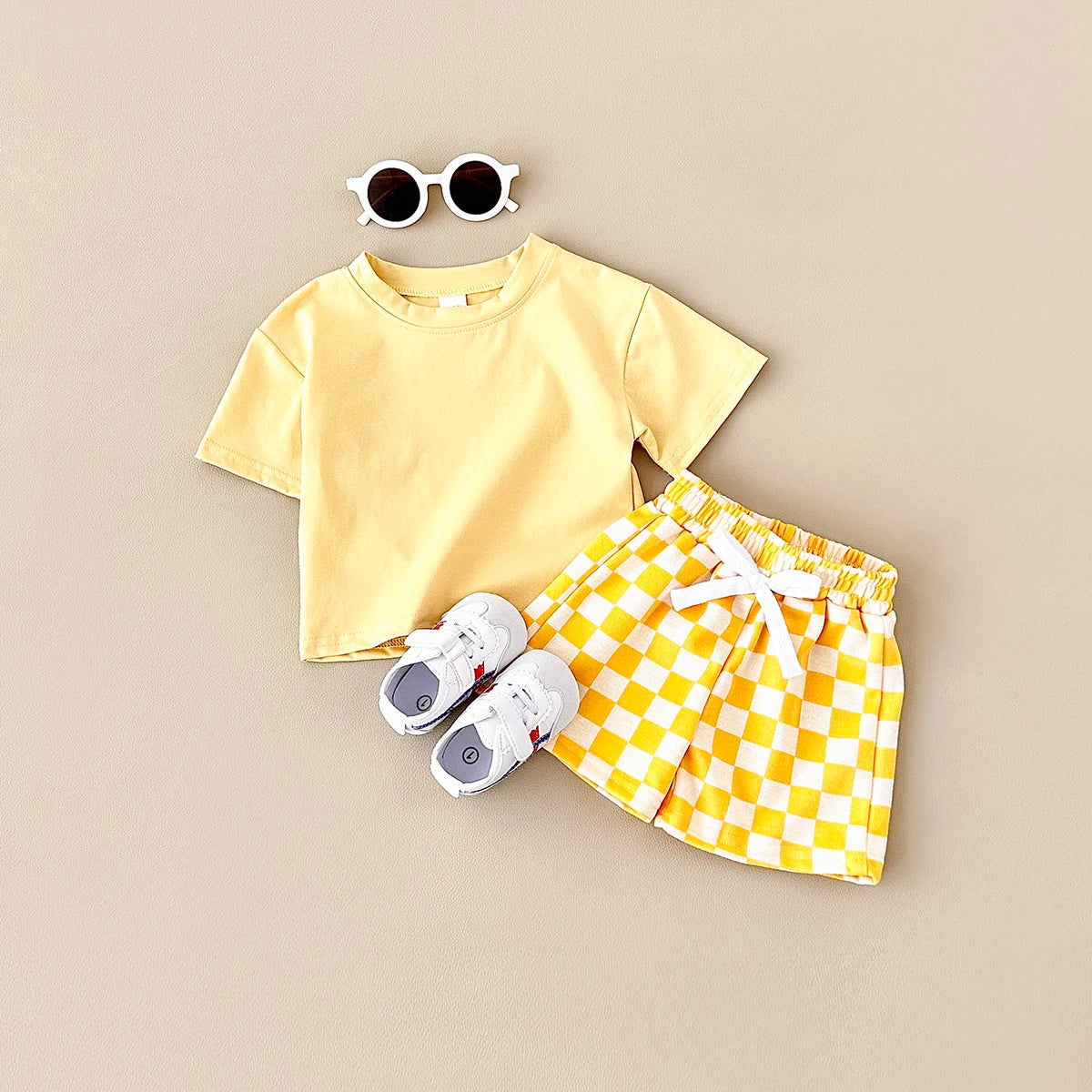 2PCS Kids Clothes Baby Boys Girls Solid Color Short Sleeve T-shirt Plaid Pattern Shorts Sets Baby Clothing Sets 0-3Y