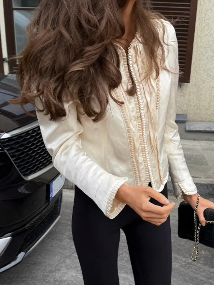 Solid Satin Lace V-Neck Puff Sleeve Blouse Curved Hem Slim Fit 2026 Summer Glam Women Satin Shirt Parisian Versatile Lady Blusa