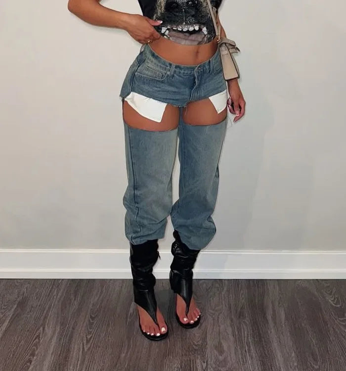 FAGADOER Y2k Sexy Hollow Out Denim Pants Women Solid Color Hole Patchwork High Waist Jeans Female Streetwear Bottoms 2025 New