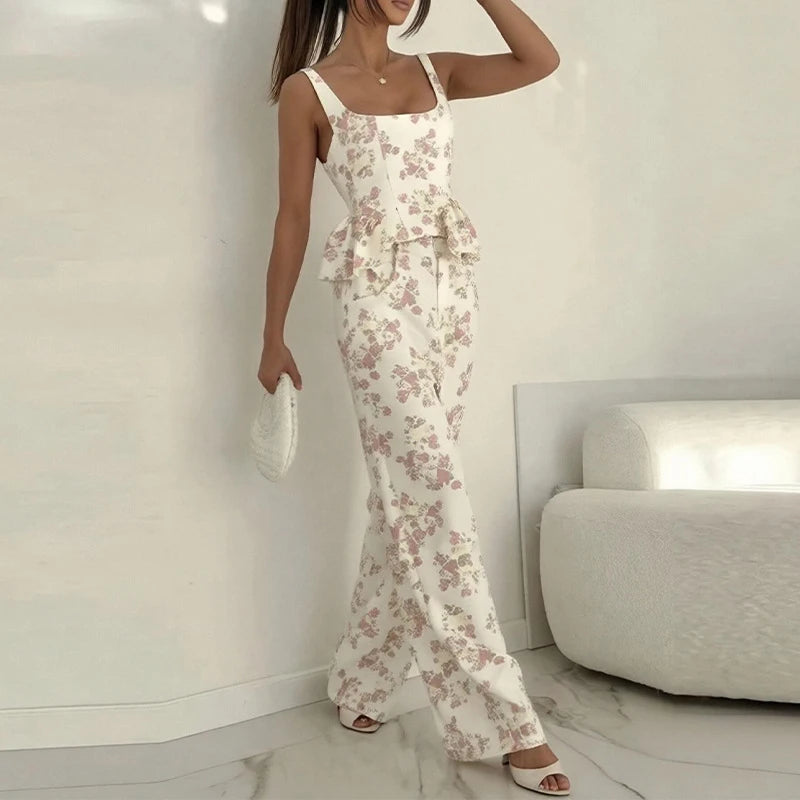 New Floral Print Two Piece Set for Women Sexy Square Collar Ruffle Sling Top And Long Pants Outfit Summer Sleeveless Hollow Suit