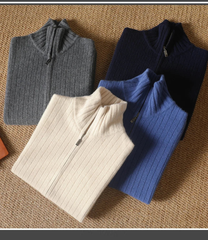 Men's Coat Winter Thickened New 100% Merino Wool Sweater Business Casual Zipper Lapel Cardigan Long Sleeved Warm Knit Jacket