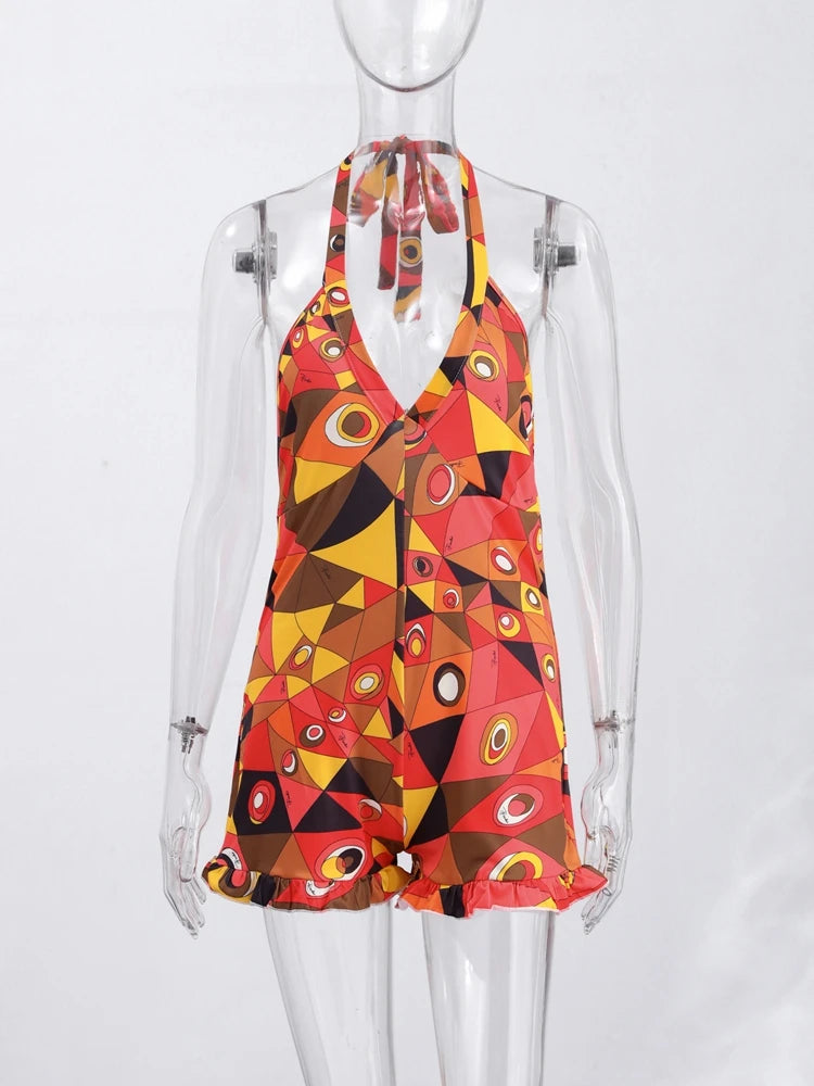 Sexy Print Women's Playsuit Beach Halter Backless Pleated Sleeveless V-neck Jumpsuit Women 2026 Summer Vacation Lady New