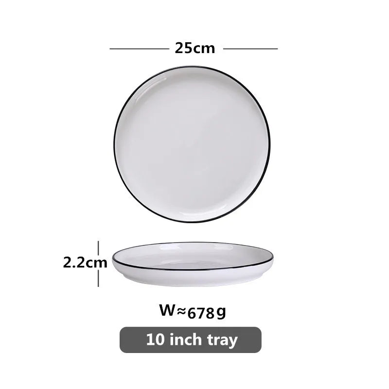 Black Rim White Ceramic Dinner Tray, Kitchen Plate, Tableware, Food Dishes, Soup Bowl,  Kitchen Cook Tool, 1 Piece Sale