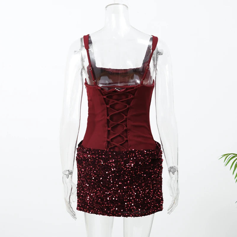 Sexy Sequin Pleated Strapless Mini Dress Women Chic  Scarf Collar Off Shoulder Waist Cinching Dresses Lady Evening Party Gown