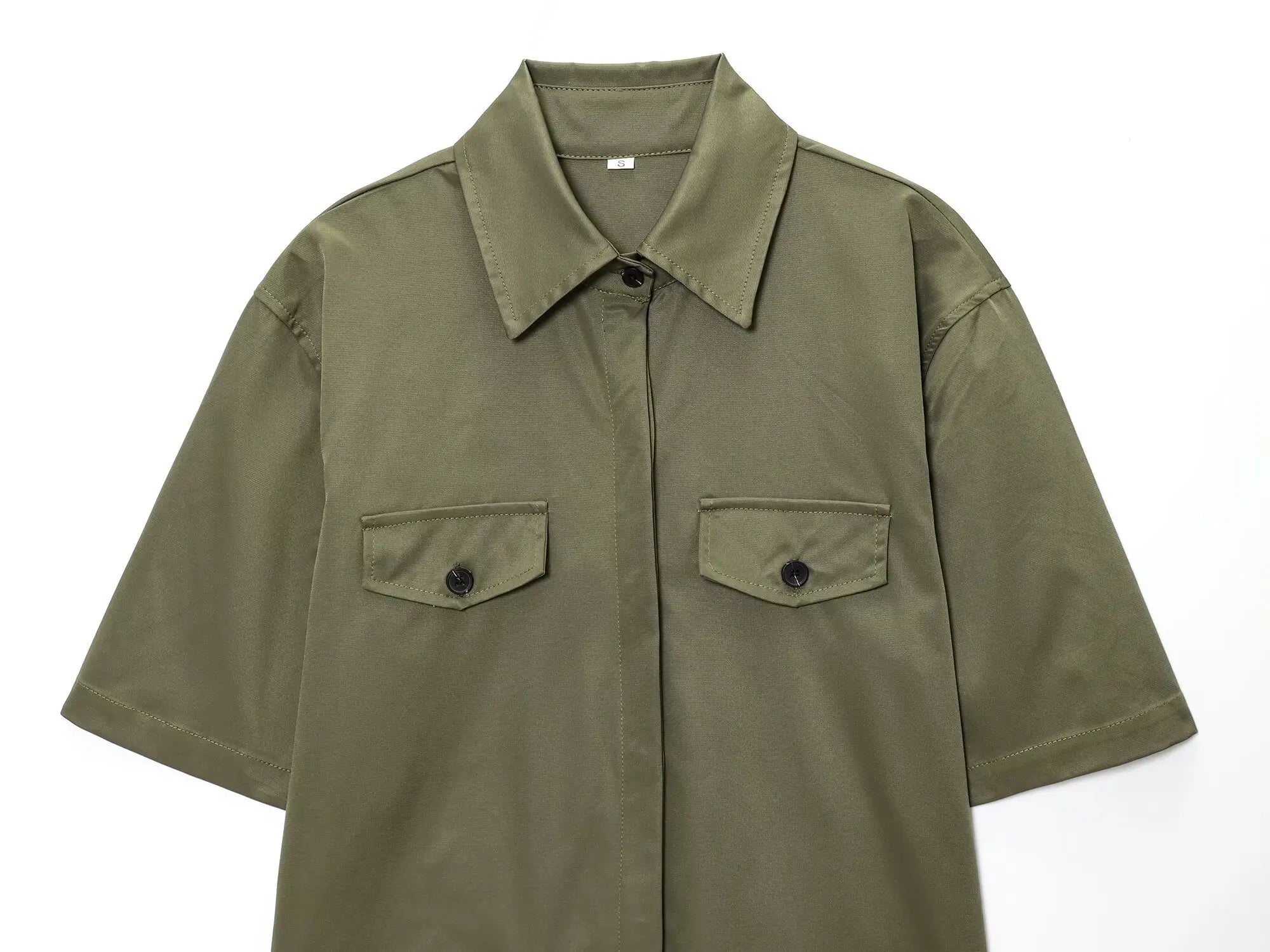 HH Women Summer Solid 2-Piece Set Button Pocket Decoration Short Sleeve Lapel Shirts+High Waist Pleated Zipper Casual Shorts
