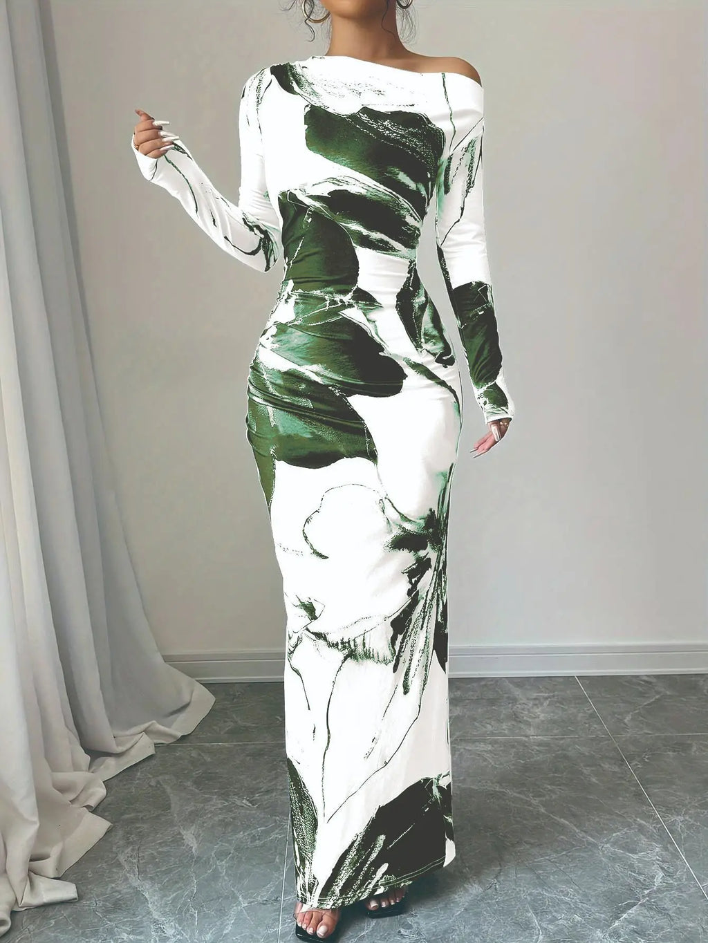 European and American 2025 Autumn New Printed Long Skirt Temperament Slim Long Sleeve Dress