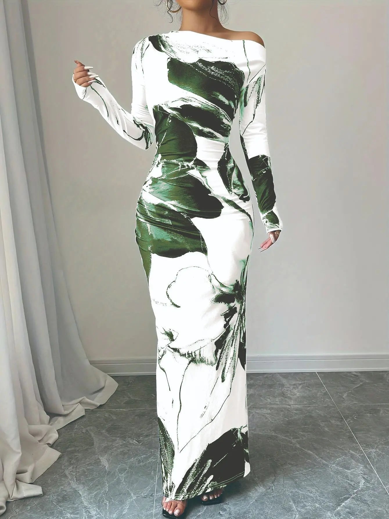 European and American 2025 Autumn New Printed Long Skirt Temperament Slim Long Sleeve Dress