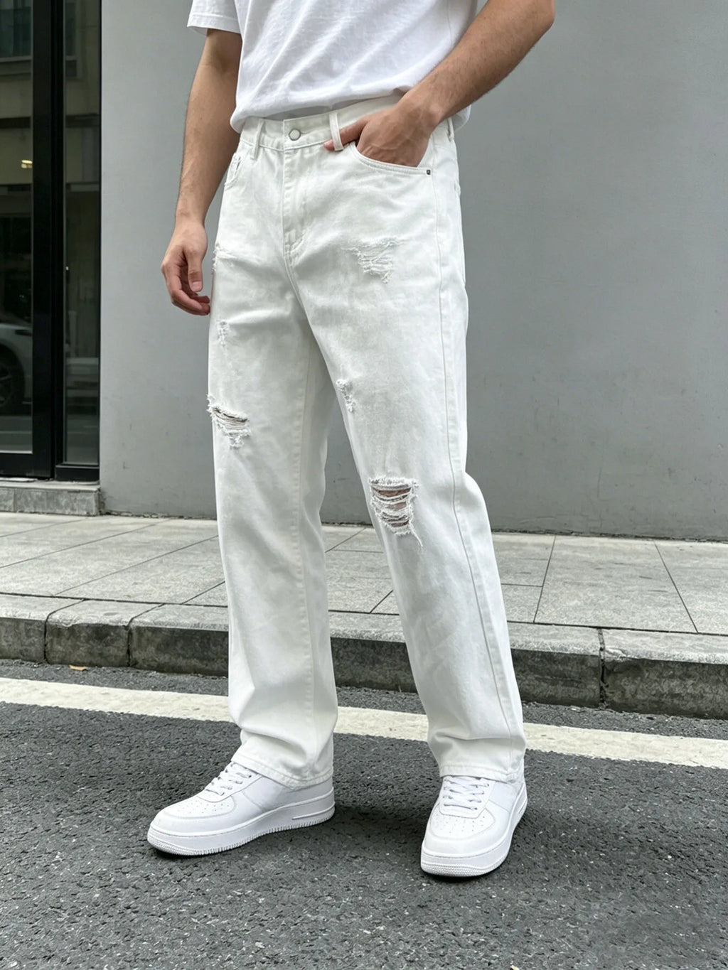 Men Denim Jeans Pants Clothing Trousers Men's White Ripped Loose Straight Leg Denim Jeans Men's White Ripped Jeans Loose Straigh