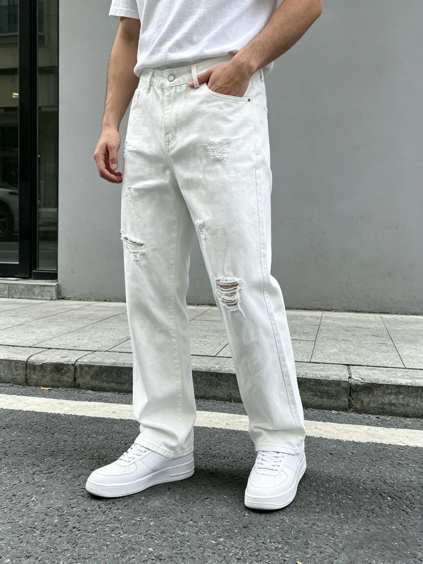Men Denim Jeans Pants Clothing Trousers Men's White Ripped Loose Straight Leg Denim Jeans Men's White Ripped Jeans Loose Straigh