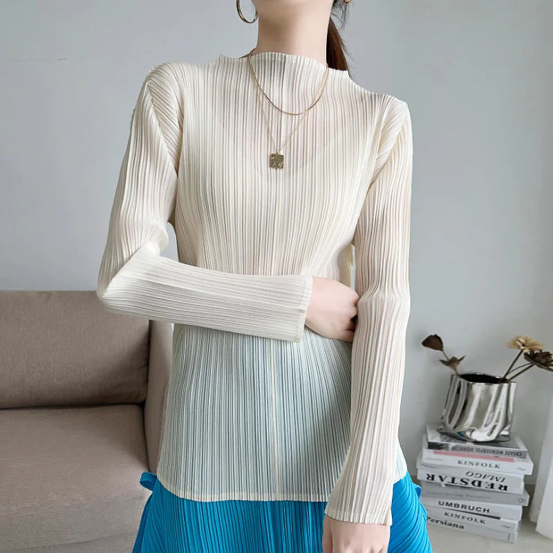 Miyake Pleated Long Sleeves Tops Fall 2025 Winter Korean Fashion Women Classic Solid Color Turtleneck Casual Elegant T-shirt