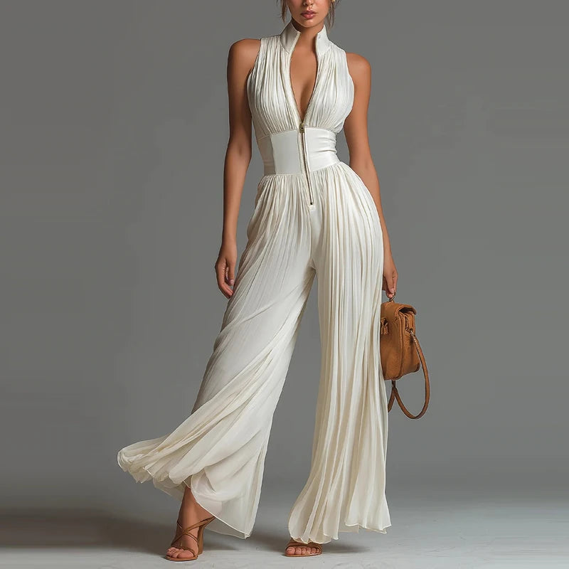 Elegant Stand Collar Zipper Long Jumpsuits Women's Casual Sleeveless Draped Party Rompers Fashion Printed Waist Summer Playsuits
