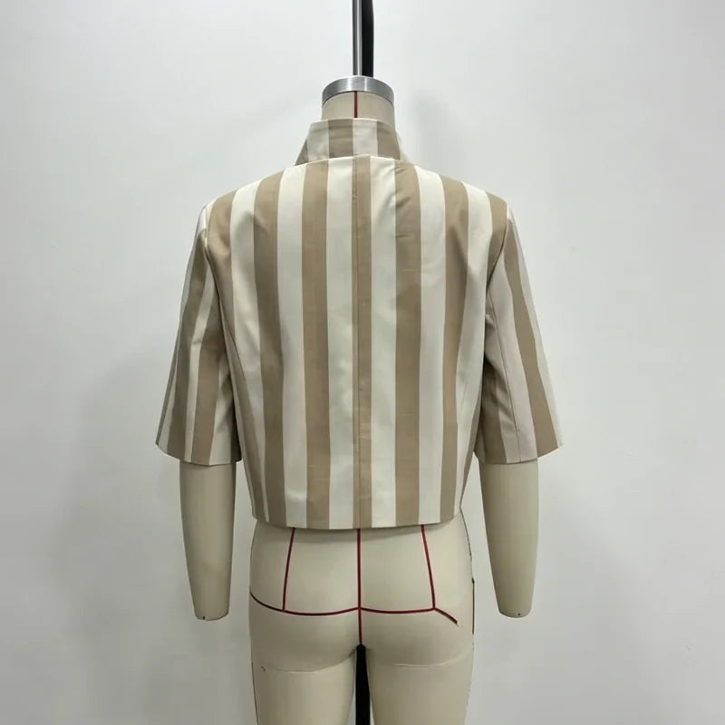 Women Chic Stripe Cropped Blazer Jacket Stand Collar 3/4 Sleeve Single Breasted Shoulder Pad Top 2026 Summer Fashion Street Coat