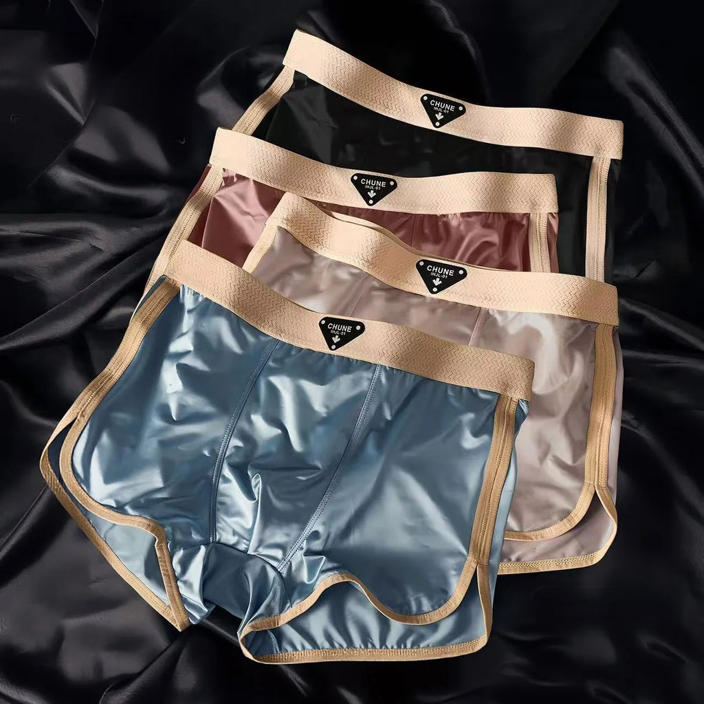 4PCS Men's Luxury Satin Ice Silk Shorts Boxers Hygroscopic Breathable Double-layer Silk Crotch High Elastic Underpants