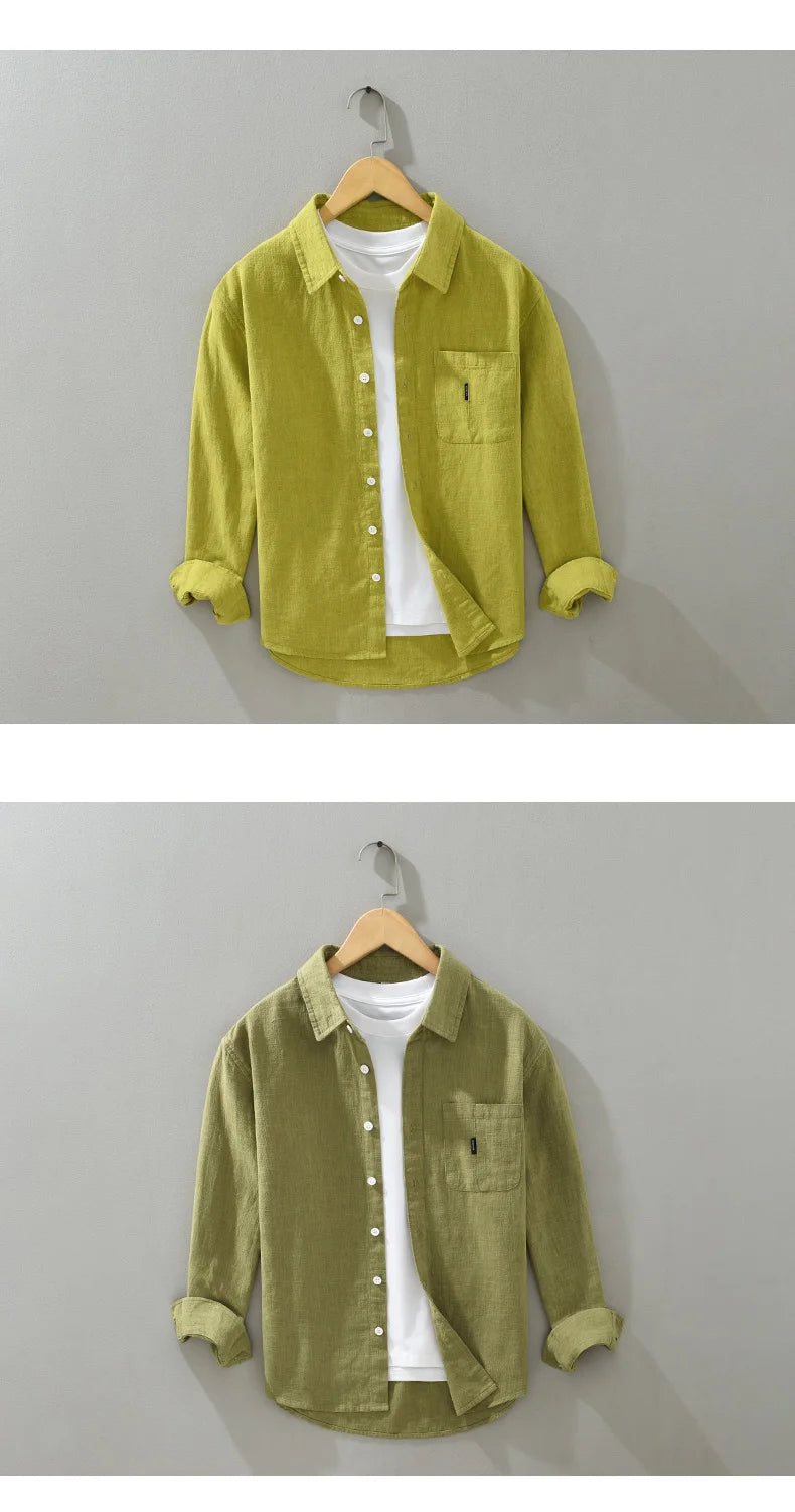 2402 Cotton Linen Solid Color Simple Basic Tops Men's Spring Fall Fashion Japan Style Harajuku Healthy Comfortable Casual Shirts