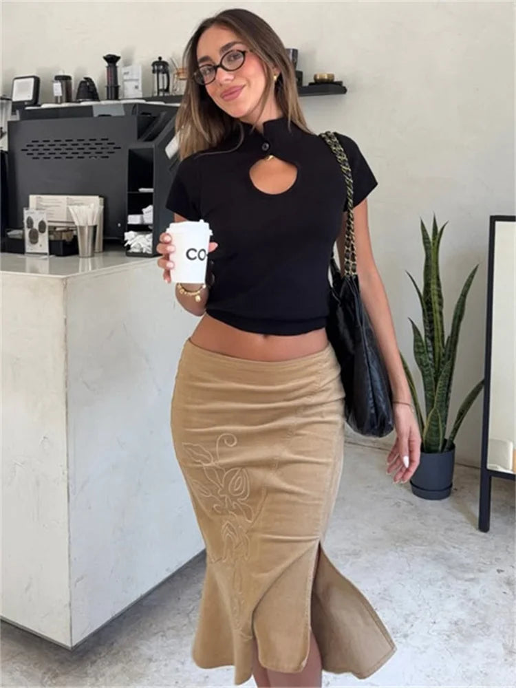 Summer Vintage Printed Long Skirt Female High Waist Commute Side Split Elegant Contrast Clothes Women's Slim Maxi Skirt 2026 New