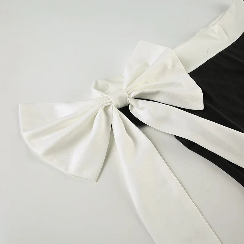 Hmsevenjz Black and White Bow Off Shoulder Long Dress for Women's Summer Sexy Slim Fit Short-sleeved Elegant Dress
