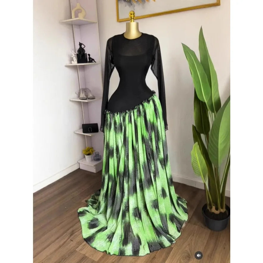 GLCMYAYA Women Mesh Print Full Sleeve O-neck Elegant Long Maxi Dress Fall Birthday Holiday Evening Sexy Party Dresses Vestidos