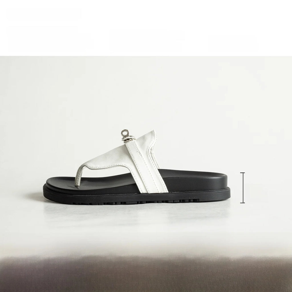 British Style Thick Bottom Slip-On Sandals Women Summer Foot-Strap Leather Half Slippers Beach Flat Heel Casual Shoes