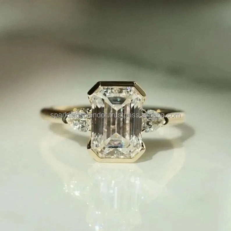 10K Yellow Gold Engagement Ring Original Moissanite 2ct Emerald Cut Fine Wedding Rings with Three Stone Prong Setting for Party