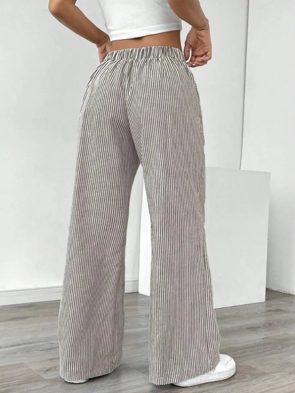 New Autumn Striped Drawstring Pants for Casual and Comfortable Street Fashion Loose Straight Leg Wide Leg Pants Trousers Women