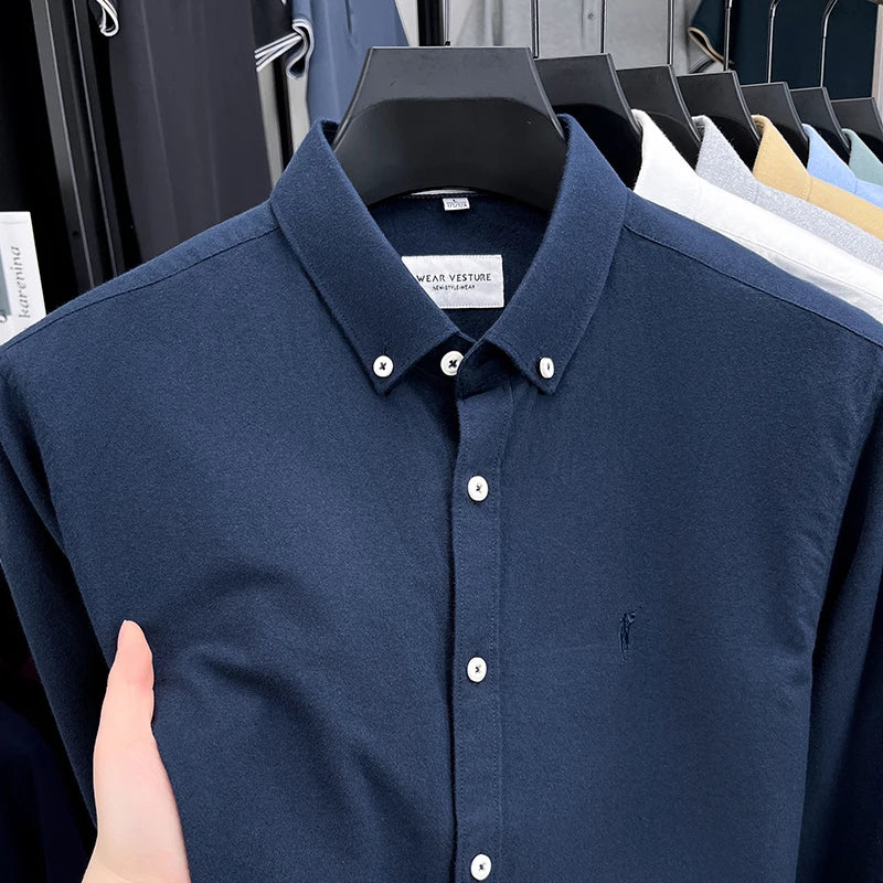 High End 100% Pure Cotton Long Sleeved Men's 2026 Spring Fashion Solid Color Business Casual Small Horse Logo Shirt