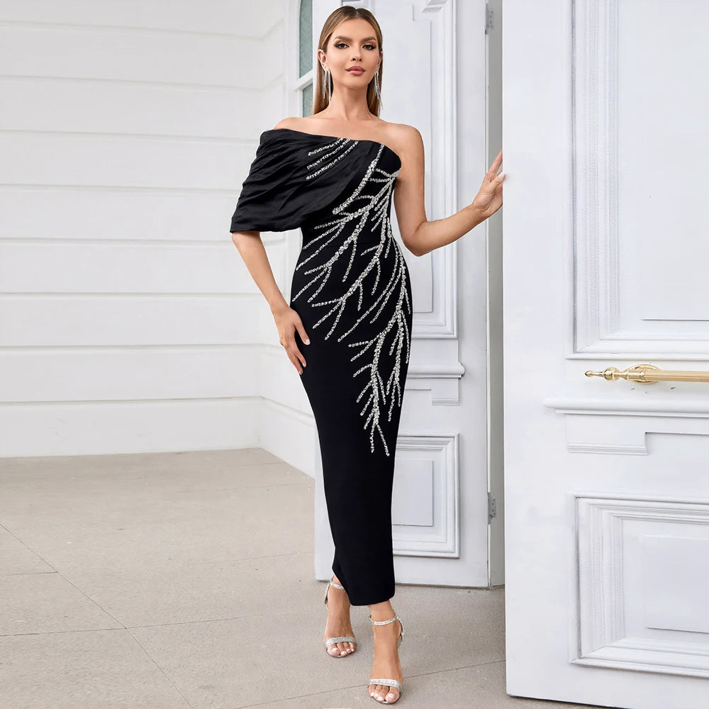 Women Sexy Off Shoulder Bandage Dress Beading Patchwork Clothes Club Party Celebrity Elegant Dresses