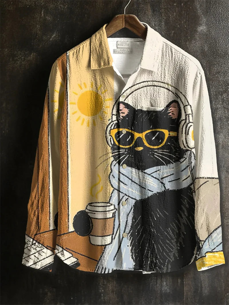 New Men's Linen Long Sleeve Shirt Flower 3D Flower Print Yellow Long Sleeve Lapel Clothing Fashion Designer Casual