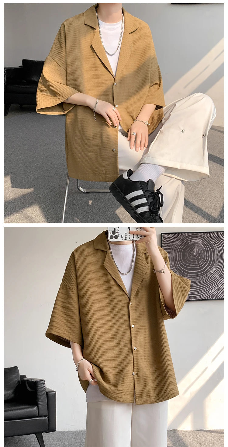 LEGIBLE Spring Summer Solid Shirts Men Casual Oversized Three Quarter Shirts Male Loose Fit Shirt for Man