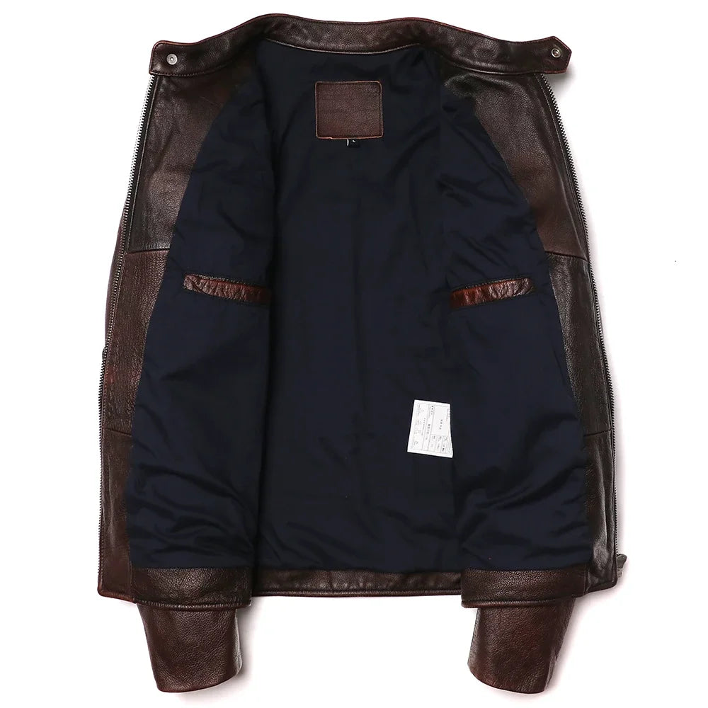 2025 Vintage Brown Genuine Leather Jacket Real Natural Cowhide Men Motorcycle Biker Coat Mens Slim Calf Skin Coat