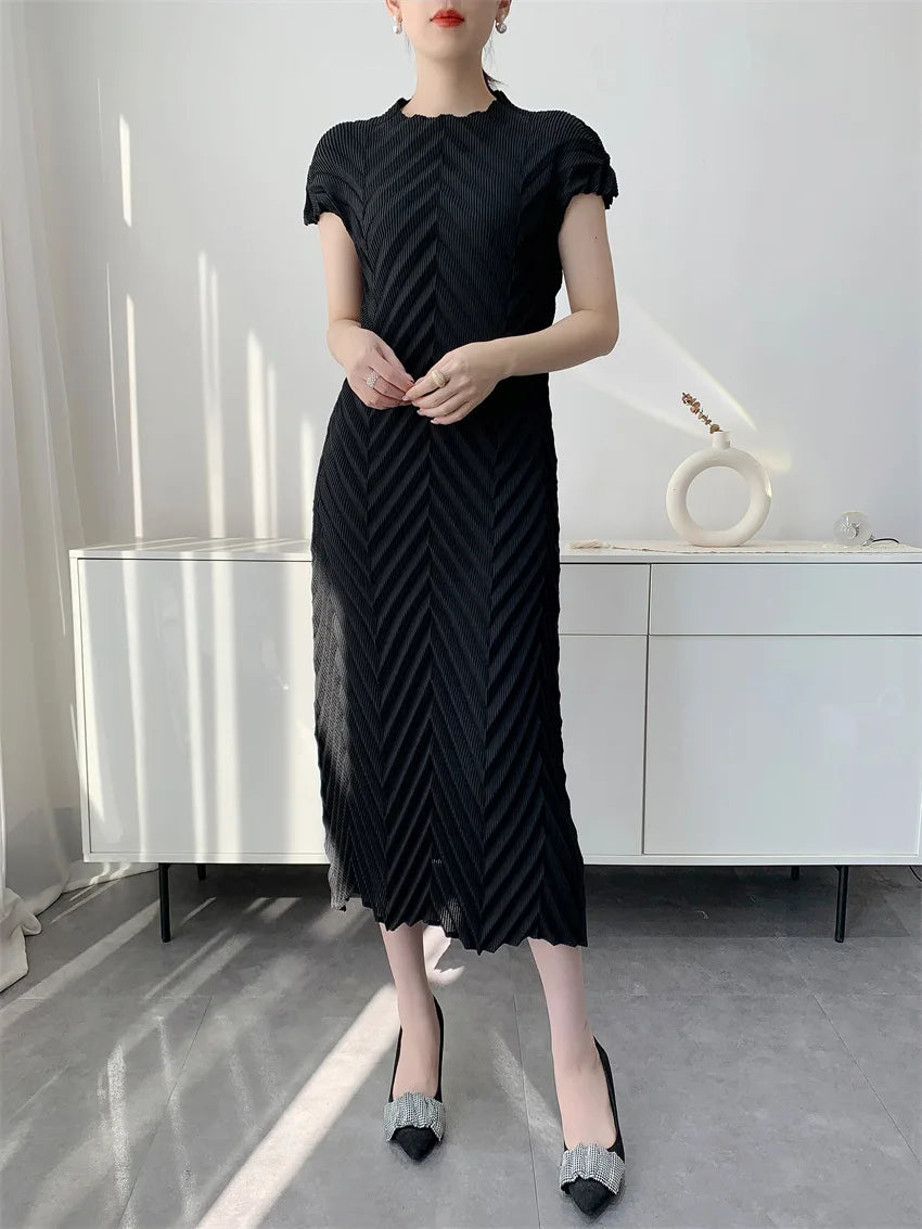 Miyake Handmade Pleated Dress Women's 2026 Spring New Solid Color Half-high Collar Sleeves Pullover Elegant Pleated Skirt