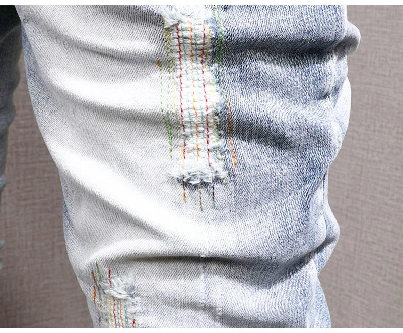 Streetwear Fashion Men Jeans Retro Light Blue Elastic Slim Fit Ripped Jeans Men Embroidery Designer Vintage Casual Denim Pants