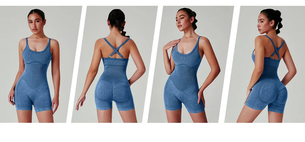 Seamless Shorts Gym Set Women Jumpsuit Yoga Set Water-washed 1pc Summer Workout Suit Bodysuit Fitness Push Up Short Sport Set
