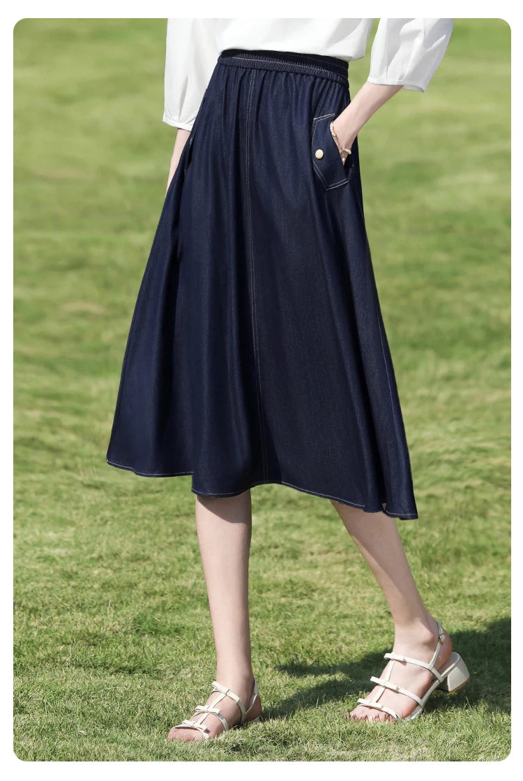 I BELIEVE YOU Dark Blue Denim Midi Skirt for Women 2026 Spring Elastic Waist Skirts Casual A-Line Skirt with Pockets 2261026207