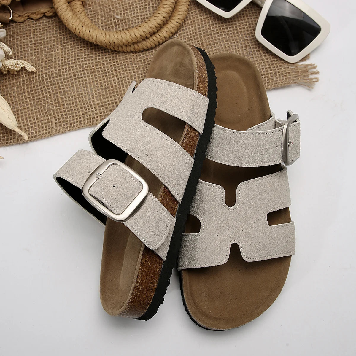 Summer Fashion Suede Slippers With Arch Support Outdoor Classic Adjustable Buckle Beach Slide Women's Cork Clogs Sandals